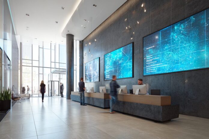 A modern bank lobby with digital screens showing AI agent interactions.