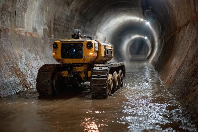 An advanced sewer-cleaning robot navigating a city sewer tunnel.