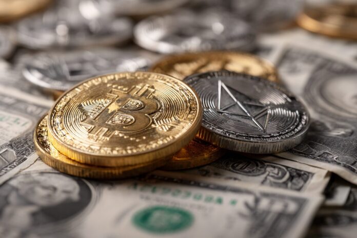 Close-up photo of golden Bitcoin and Ethereum coins stacked on top of US dollar bills, representing capital flowing into cryptocurrency.