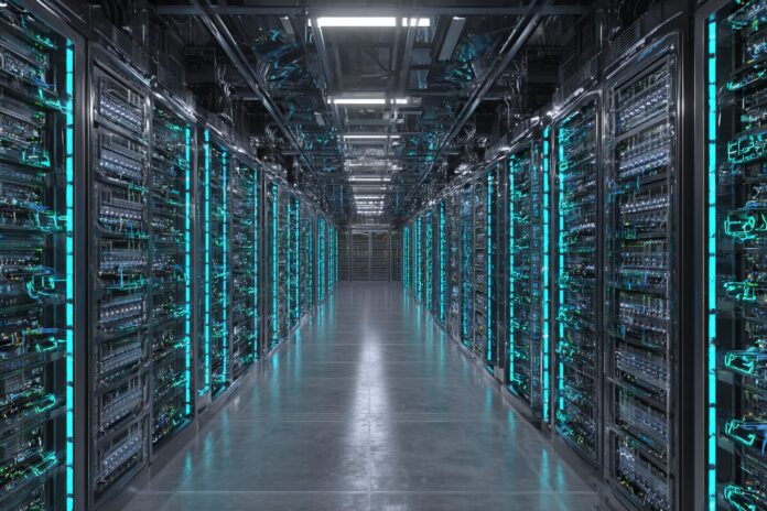 A futuristic data center packed with high-performance GPU servers for AI and Bitcoin mining.
