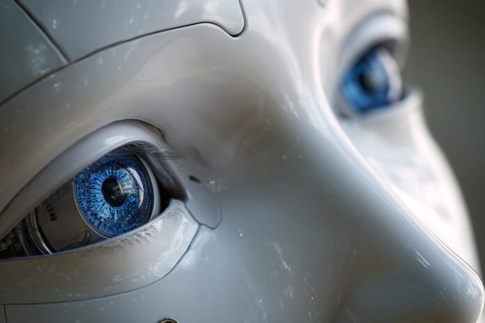Close-up of a humanoid robot face with expressive blue eyes, emphasizing lifelike features in artificial intelligence design.