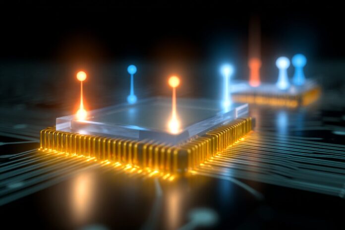 Visualization of terahertz light controlling a semiconductor material, illustrating pulses of light impacting a thin chip.