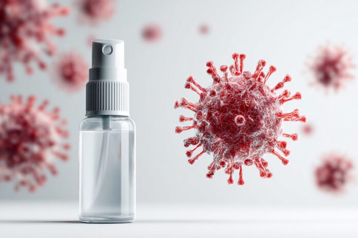 Azelastine nasal spray bottle on a white background with COVID-19 virus illustration in the backdrop