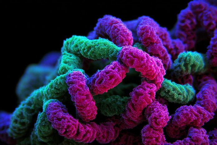 Fluorescent protein structured as a quantum bit under a microscope.