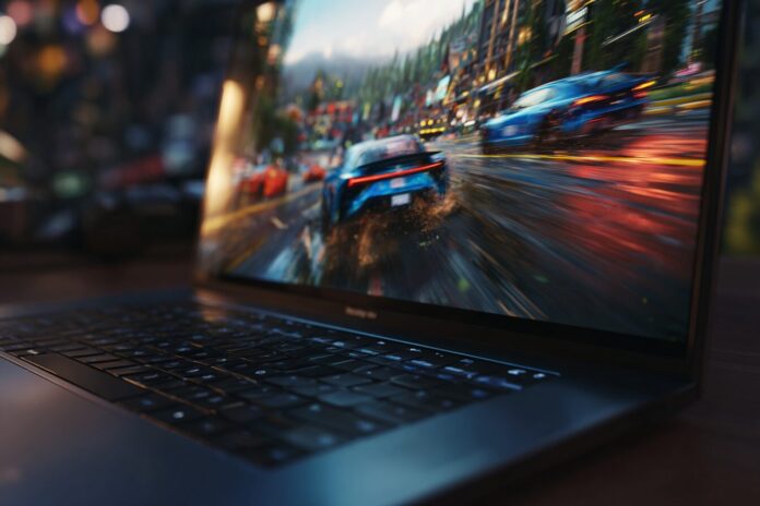 Modern Windows laptop with vibrant game display, Copilot+ branding visible