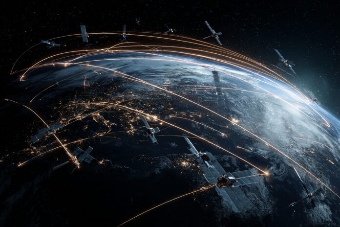 Visual rendering of Starlink satellites orbiting Earth, highlighting global coverage