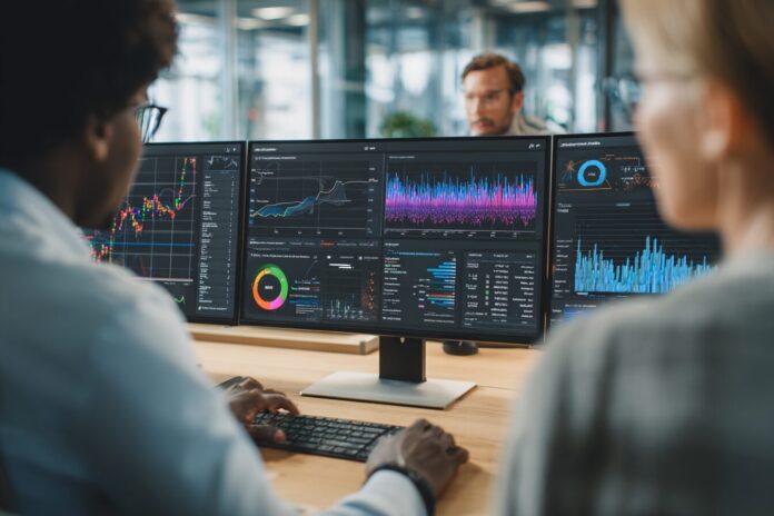 Team of finance professionals collaborating with generative AI-powered dashboards and visualizations.