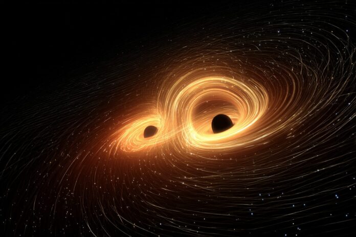 Artist's illustration of two black holes spiraling together, creating gravitational waves in spacetime.