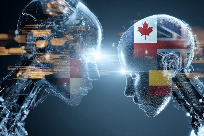 Artificial intelligence influence on global politics, showing digital avatars interacting with political symbols.