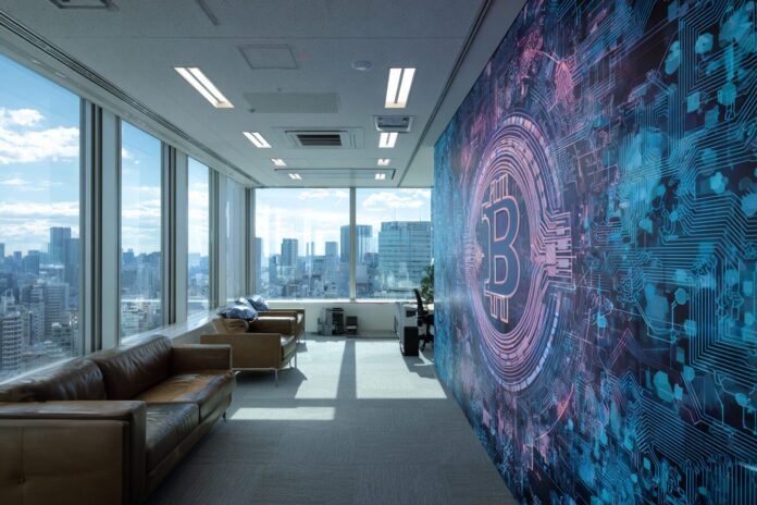 Gumi’s Tokyo headquarters with a crypto-inspired digital mural representing XRP integration
