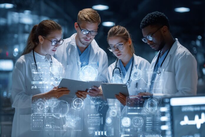 Modern hospital innovation team working together with digital devices