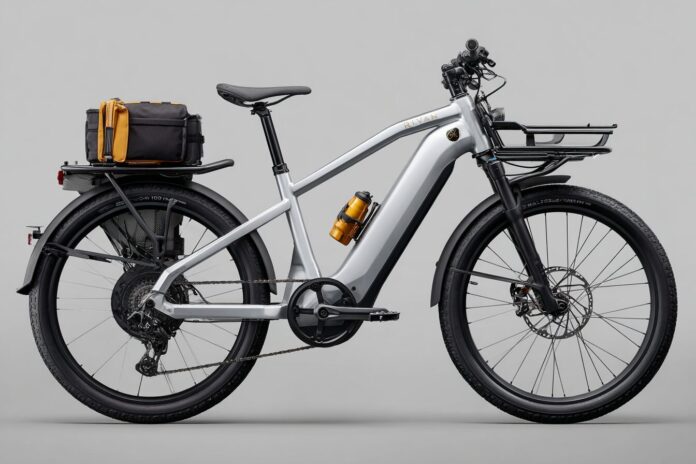 Leaked image of Rivian Also Inc. e-bike, showing silver frame with suspension and cargo rack
