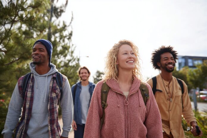 Young adults walking outdoors, symbolizing health and prevention