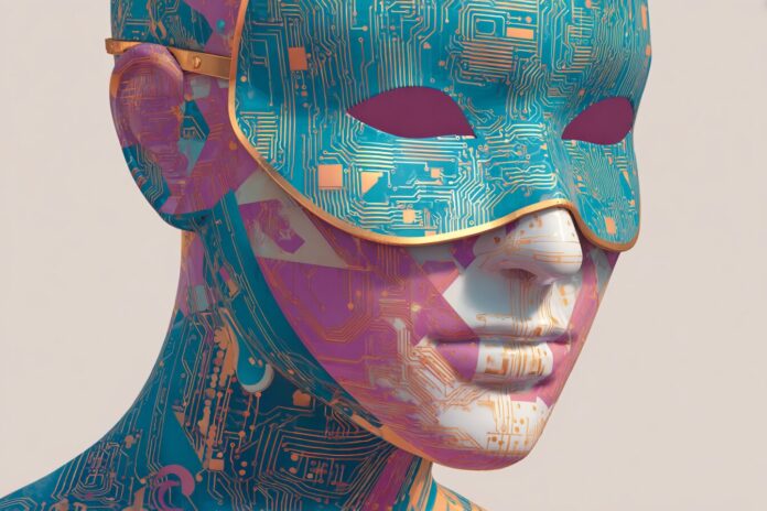 A stylized abstract image of an AI model with a hidden mask, symbolizing deception.