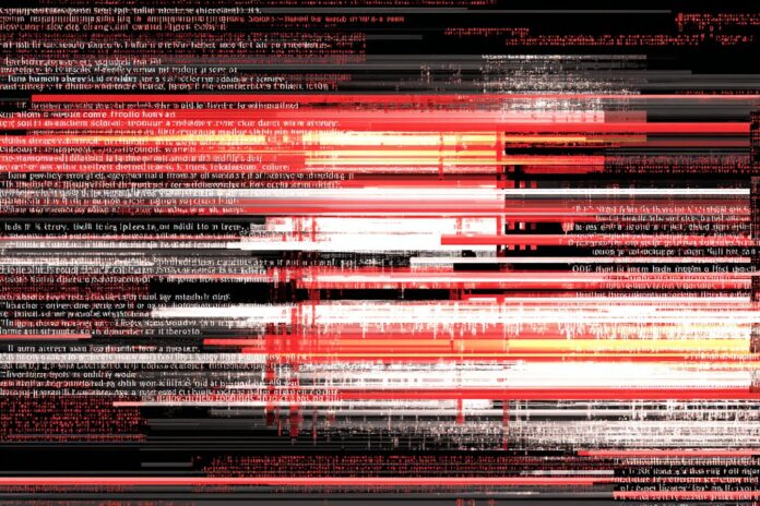 A stylized image showing redacted text overlaid with digital data streams.