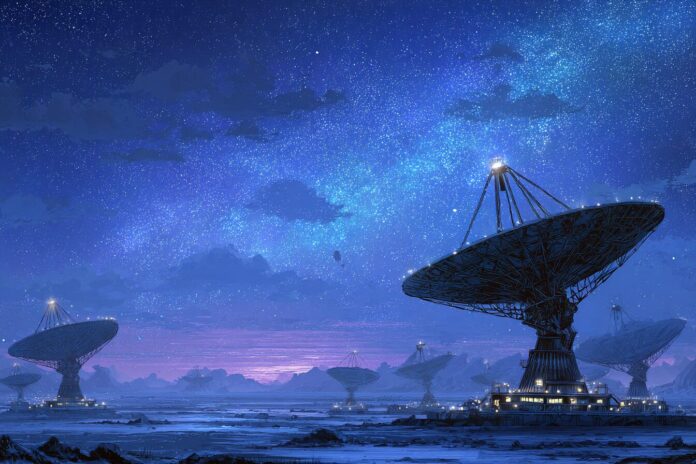 Illustration of alien observatory detecting Earth radio signals during planetary alignment