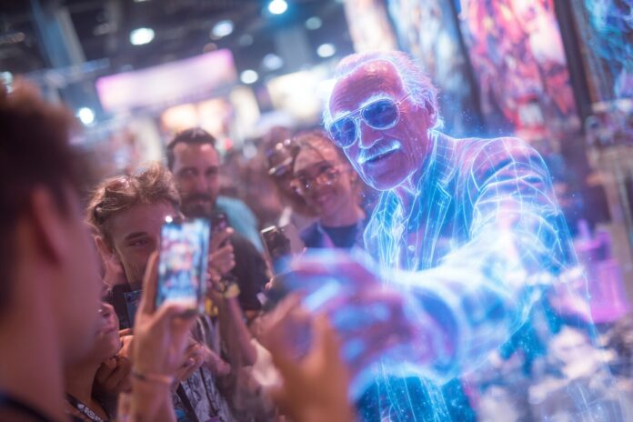 AI-powered Stan Lee hologram at a vibrant comic convention booth, with excited fans interacting and taking photos.