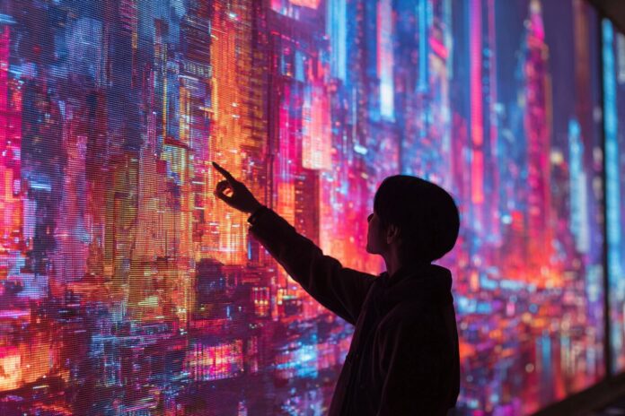 AI agent interacting in a vibrant digital simulation of a cityscape