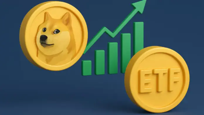 Electronic ticker displaying DOGE ETF launch date and Dogecoin logo at New York Stock Exchange.