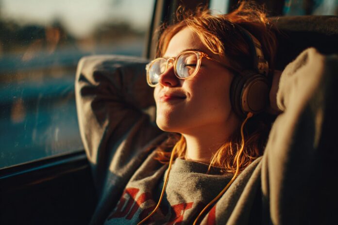 A traveler using headphones in a moving vehicle, looking relaxed and free from discomfort