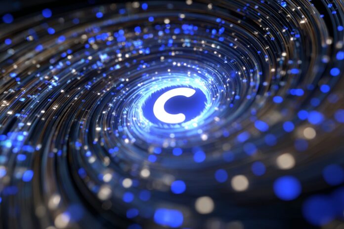 AI code generation icons swirling around Coinbase logo