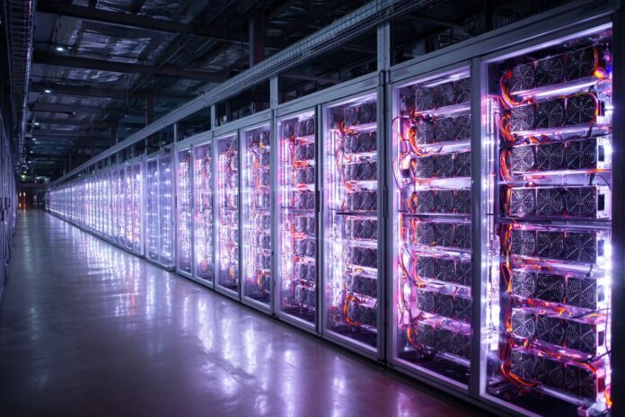 Rows of AI servers being cooled in a data center