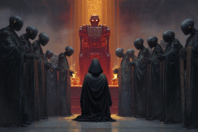 A shadowy group of humans performing a secretive robot-worshipping ritual on Trantor.