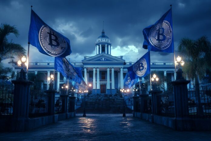 El Salvador Presidential Palace at dusk with national flags and Bitcoin symbols digitally overlaid