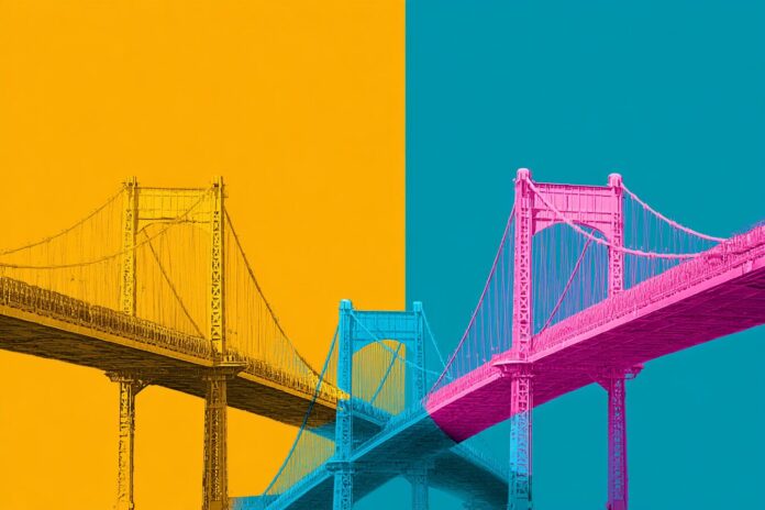 Three bridges symbolizing connection and competition between fintech companies