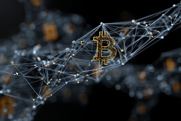 Abstract representation of Bitcoin network integrating smart contracts on chain.