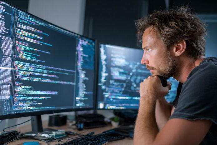 Senior developer reviewing AI-generated code on screen