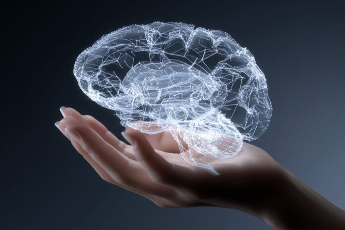 A symbolic illustration of a human brain holding a transparent outline of a missing hand.