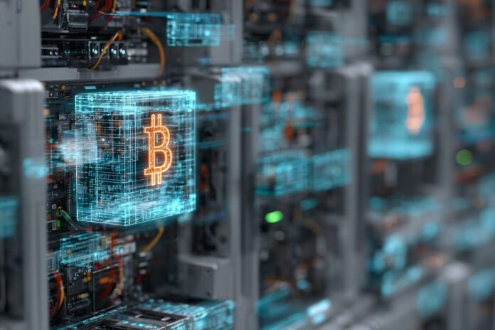 Server racks with Bitcoin mining rigs and digital blockchain overlays