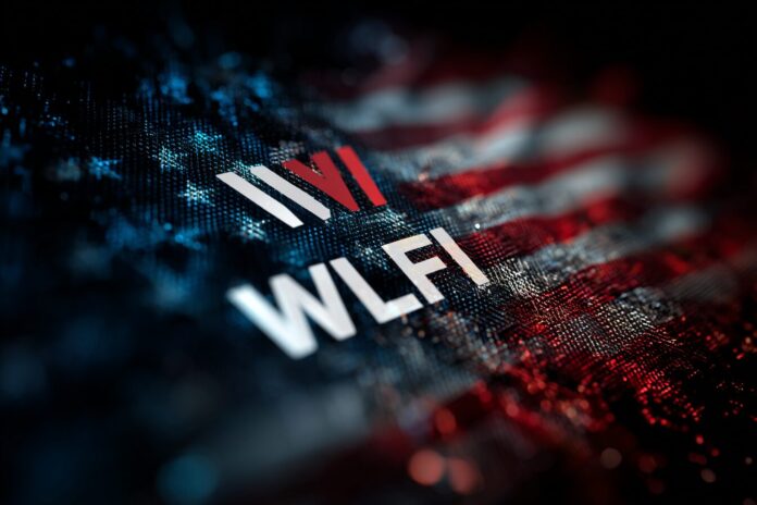WLFI token logo with digital blockchain motif and American patriotic colors.