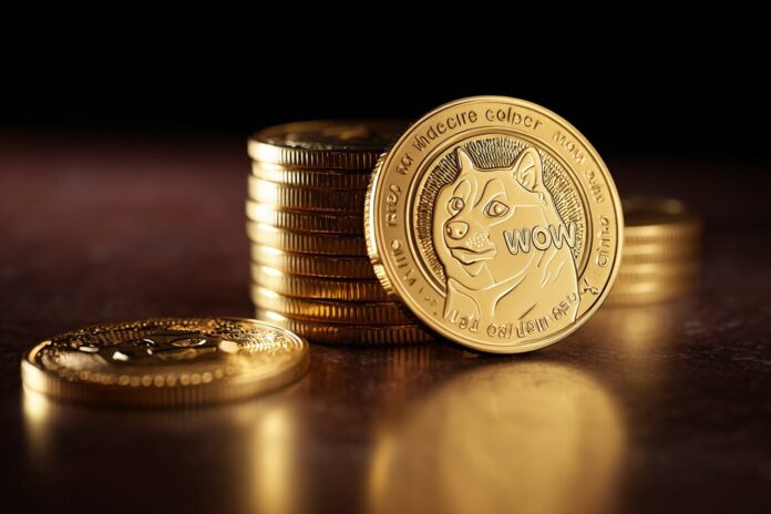 Golden Dogecoin coin resting on a stack of digital tokens, CleanCore logo in background