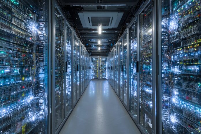 Glass-walled data center packed with rows of powerful Bitcoin mining rigs, all buzzing and lit with blue LEDs, symbolizing immense network computing power.