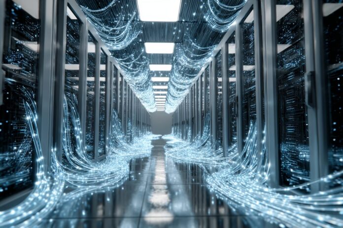 Modern data center with glowing fiber-optic cables to represent quantum photonic technology