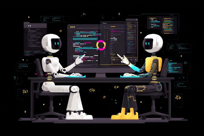 Illustration of GPT-5 Codex and Claude Code agents exchanging code snippets in an IDE environment.