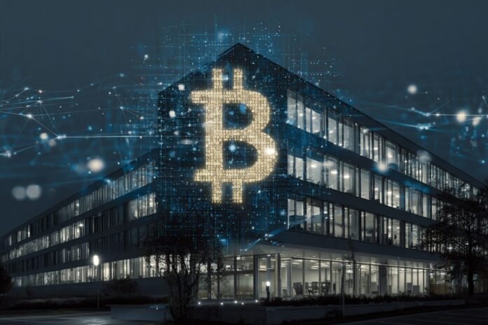 Metaplanet headquarters with a digital Bitcoin overlay, symbolizing corporate acquisition.