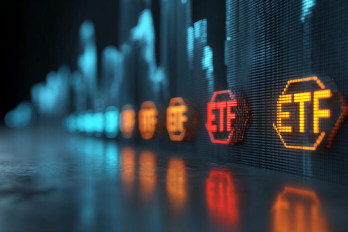 A row of digital asset ETF logos glowing above a digital US stock exchange backdrop.