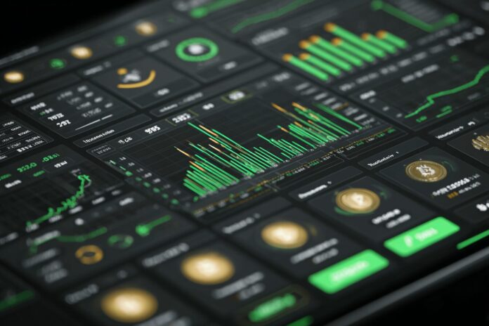 A stylized digital asset index dashboard, with charts showing positive trends and all coins in green.