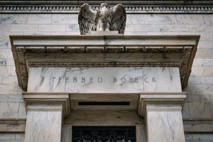 Federal Reserve marble facade with bold signage