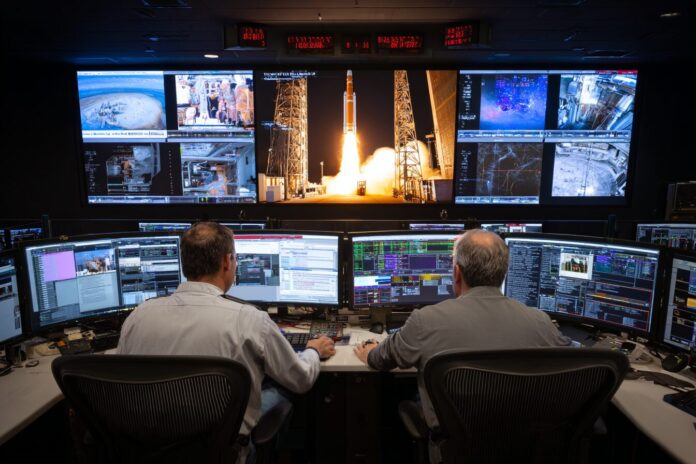 NASA engineers monitor a simulation of the Artemis II SLS rocket using advanced supercomputers