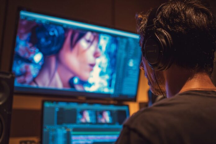 Person in a studio reviewing a YouTube video with AI lip-syncing and auto-dubbing on a monitor.