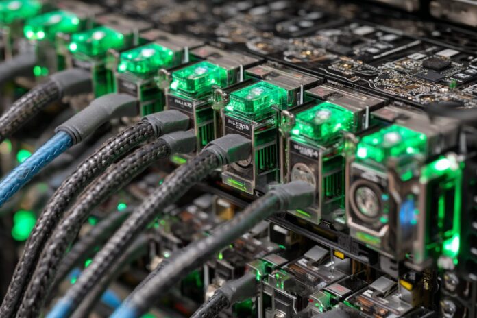 NVIDIA HGX B200 rack with eight Blackwell GPUs showing advanced airflow and connectivity.