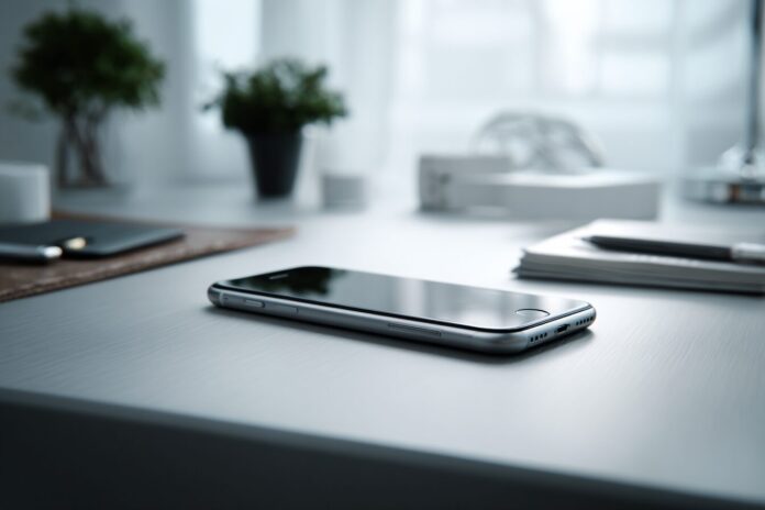 iPhone Air displaying its ultra-thin titanium frame on a minimalist desk