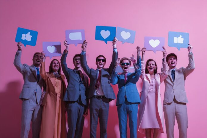 A group of politicians attempting to rally support at a social media-themed campaign event