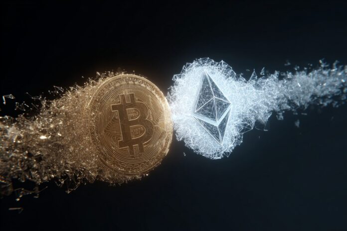 Bitcoin and Ethereum visualized together with digital token graphics