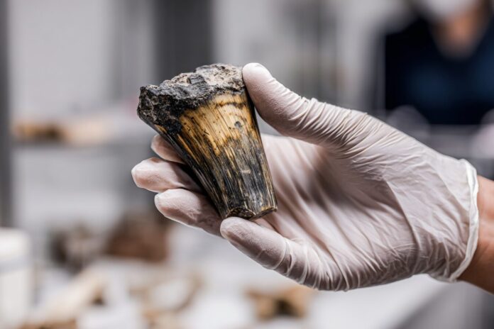 A gloved hand holding a fossilized mammoth tooth in a lab setting.