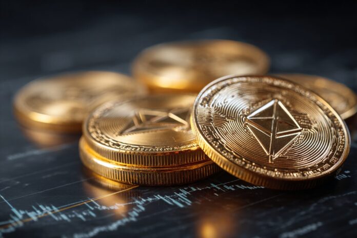 Gold coins symbolizing U.S. Treasury tokens rest on a digital Ethereum ledger backdrop.